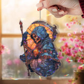 Grim Reaper Acrylic Suncatcher, Stained Glass Style Hooded Skeleton with Scythe and Raven, Gothic Halloween Window Hanging Decor